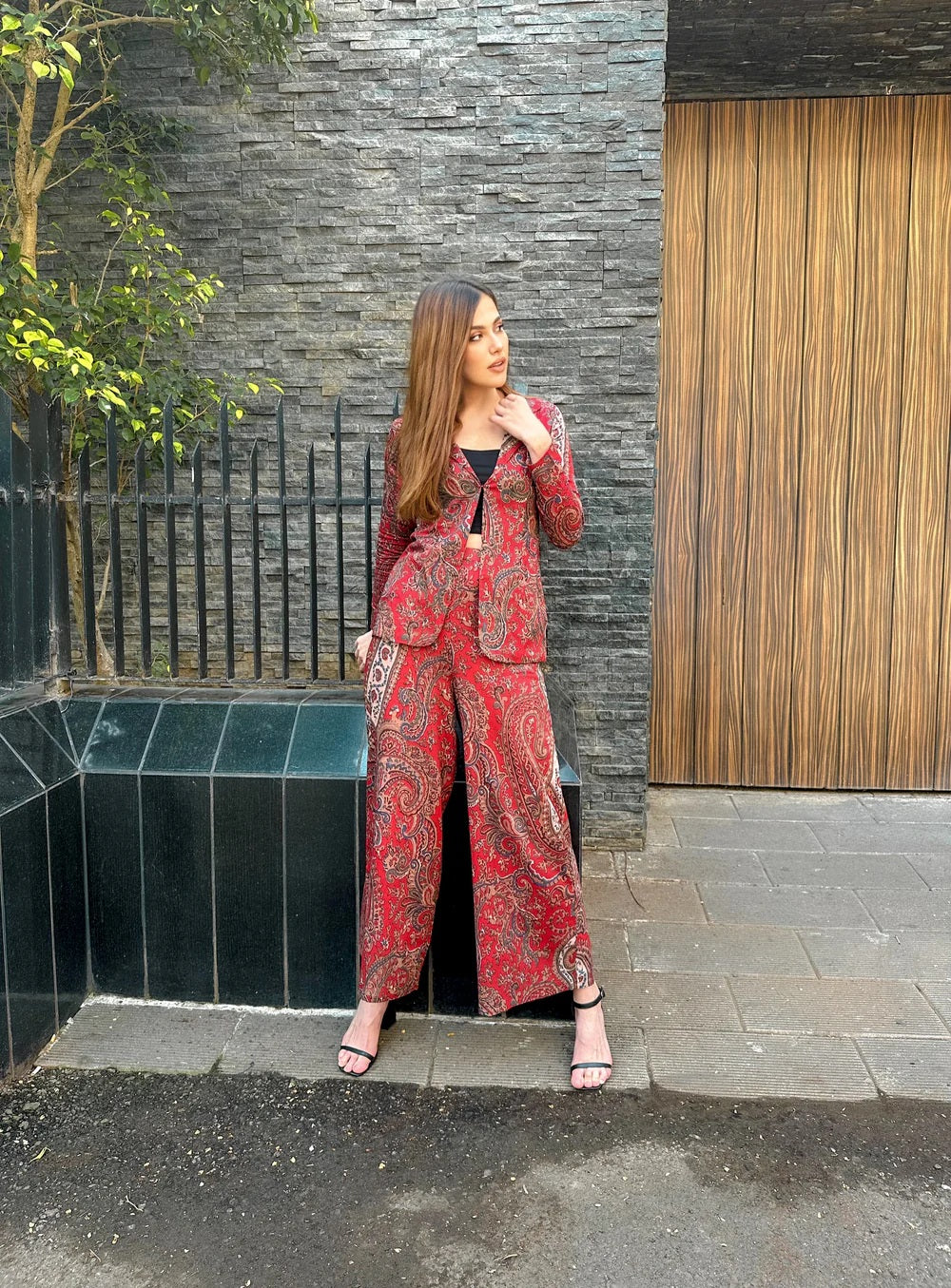 Red Paisley Print Coord Set Jacket Style