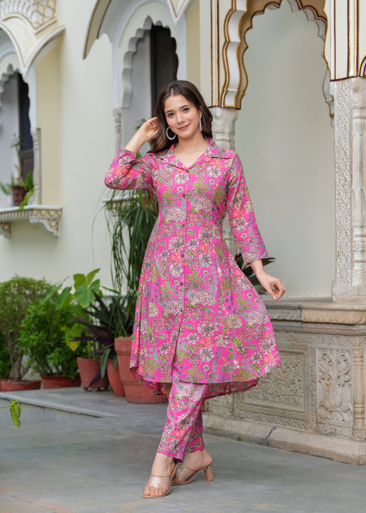 Floral Printed Pure Cotton A-Line Kurti with Trousers | Cotton Co-ord Set for Women | 2 Piece Kurta Set for Women, Srisaa Pink