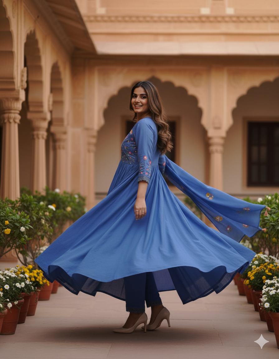 Shades of Jaipur Premium Beautiful Embroidery And Sequence Work Set For Women (Blue)