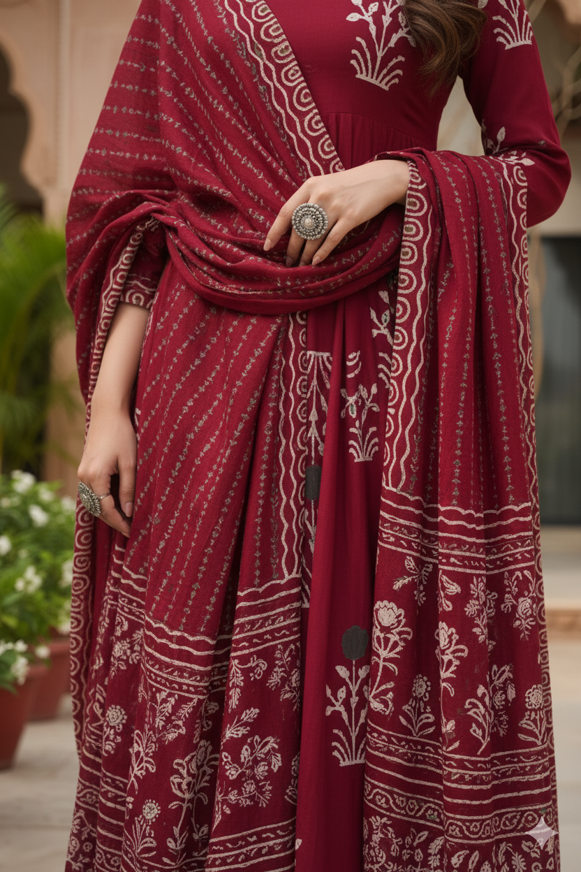 Shades of Jaipur Premium Red Pure Cotton Anarkali Kurta Set For Women