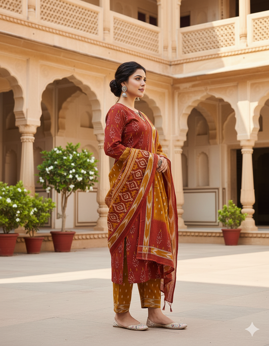 Elegant Ikat Print Kurti Set With Dupatta