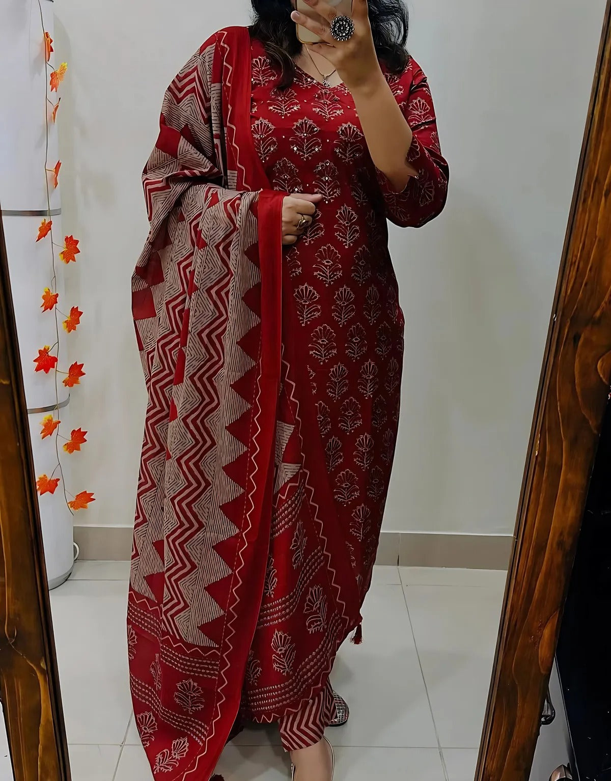 Red Pink Geometric Printed Kurta Set with Dupatta