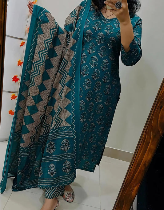 Blue Geometric Printed Kurta Set with Dupatta