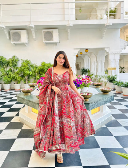 Red Paisley Print Suit Dupatta Set