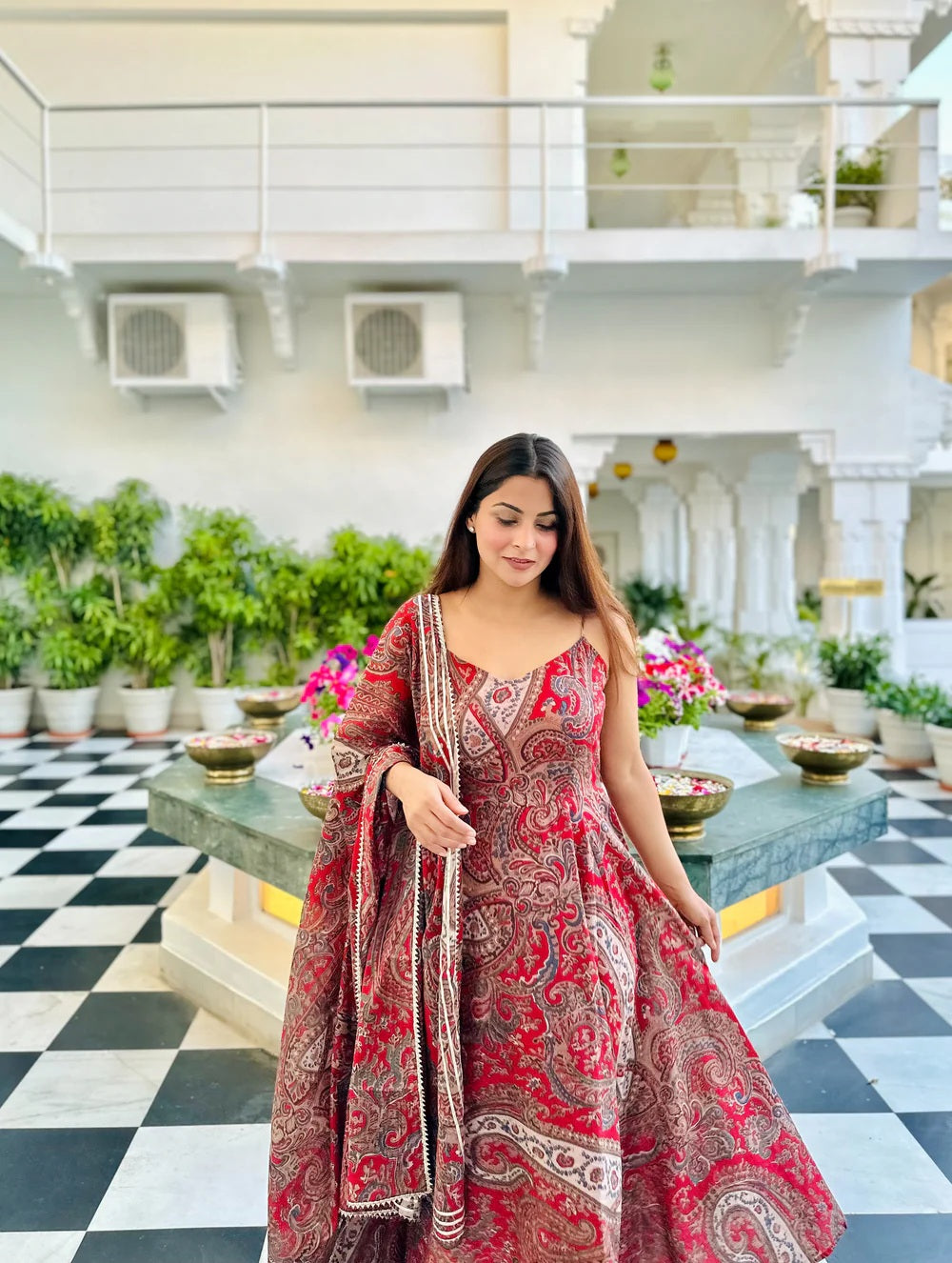 Red Paisley Print Suit Dupatta Set