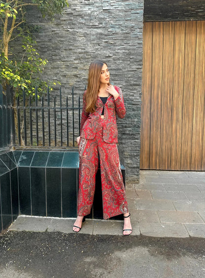 Red Paisley Print Coord Set Jacket Style