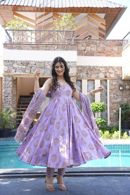 Beautiful Purple Cotton Kurta And Pant With Dupatta Set For Women