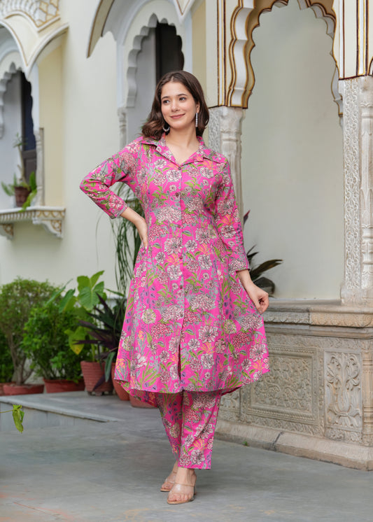 Floral Printed Pure Cotton A-Line Kurti with Trousers | Cotton Co-ord Set for Women | 2 Piece Kurta Set for Women, Srisaa Pink