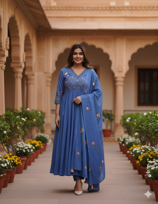 Shades of Jaipur Premium Beautiful Embroidery And Sequence Work Set For Women (Blue)