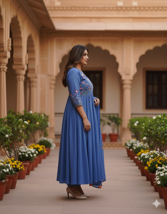 Shades of Jaipur Premium Beautiful Embroidery And Sequence Work Set For Women (Blue)