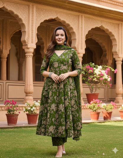 Mehandi Green Premium Anarkali Kurta Set With Angrakha Style