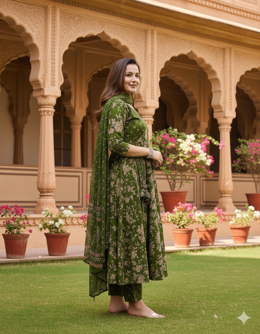 Mehandi Green Premium Anarkali Kurta Set With Angrakha Style