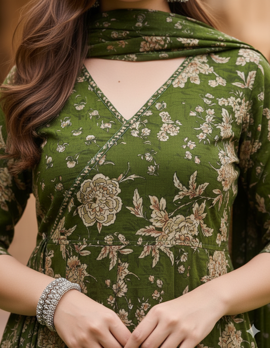 Mehandi Green Premium Anarkali Kurta Set With Angrakha Style