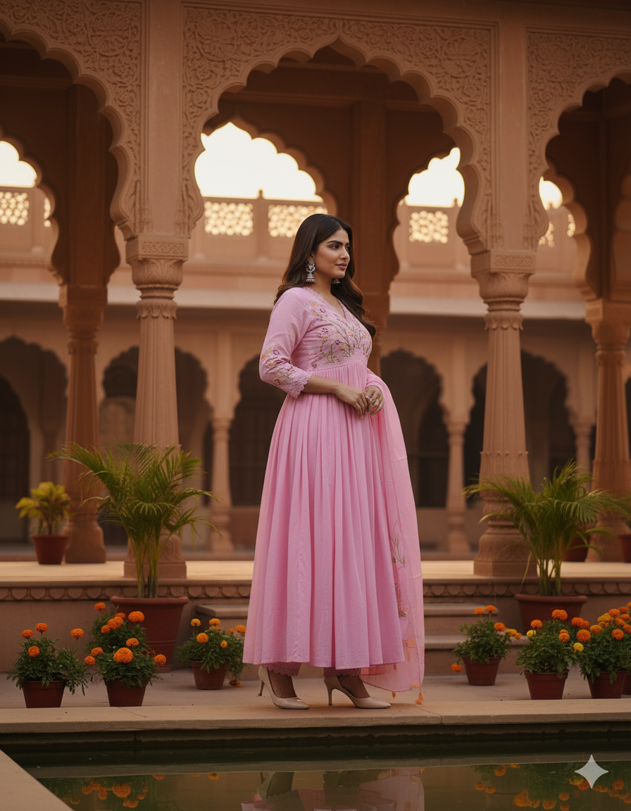 Pink Beautiful Embroidery And Sequence Work Kurta Set For Women