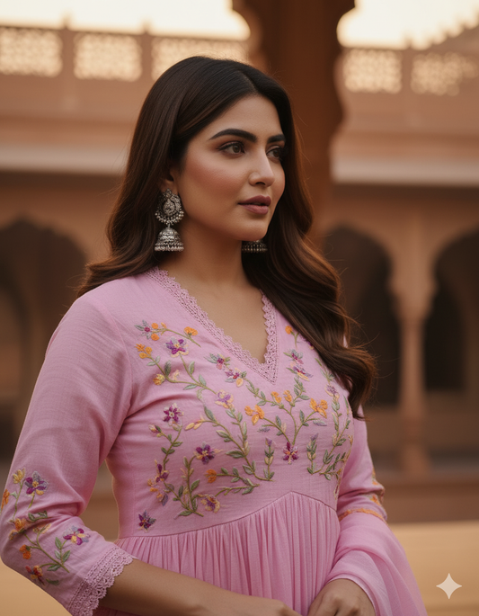 Pink Beautiful Embroidery And Sequence Work Kurta Set For Women