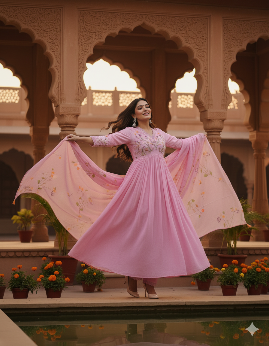 Pink Beautiful Embroidery And Sequence Work Kurta Set For Women