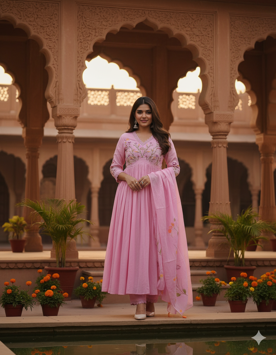 Pink Beautiful Embroidery And Sequence Work Kurta Set For Women