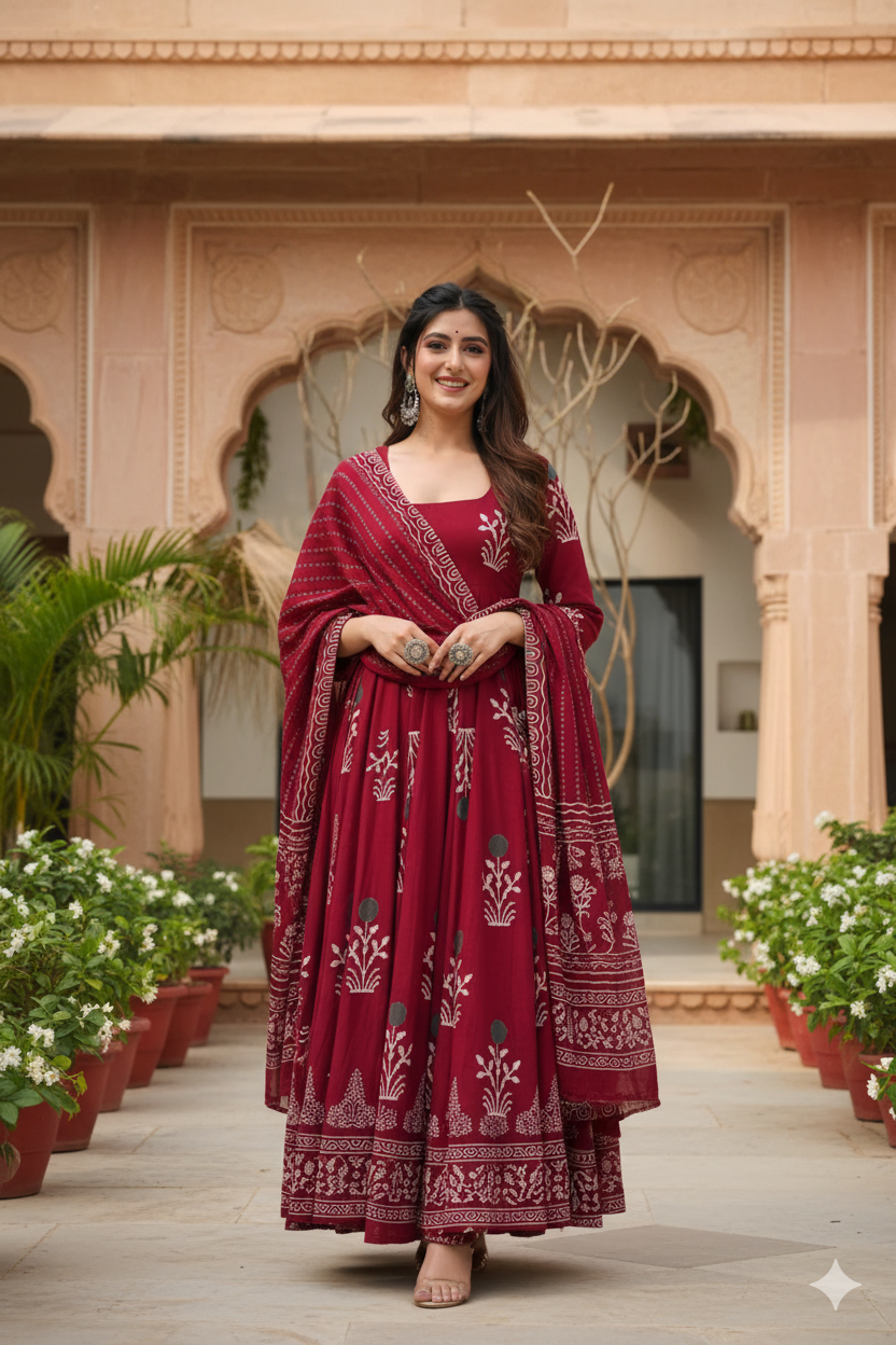 Shades of Jaipur Premium Red Pure Cotton Anarkali Kurta Set For Women