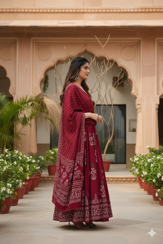 Shades of Jaipur Premium Red Pure Cotton Anarkali Kurta Set For Women