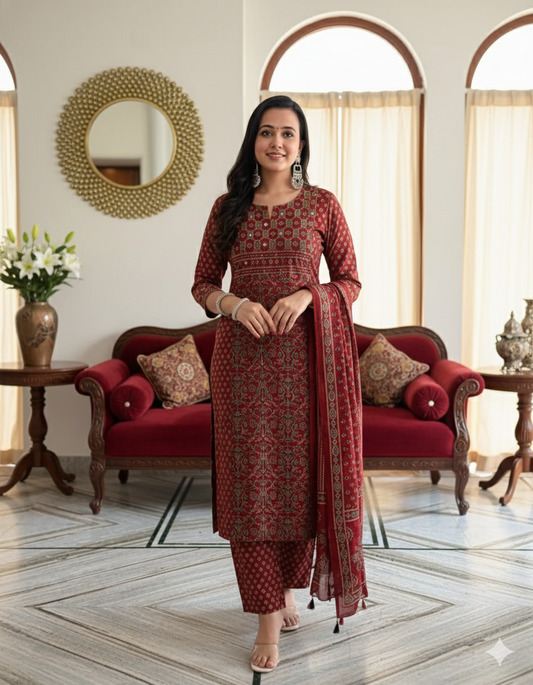 Red Buti Work Kurta And Pant With Dupatta For Women