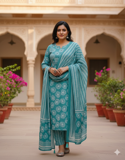 Shades of Jaipur Floral Print Cotton Kurta Set with Striped Dupatta