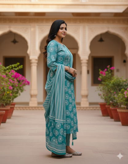 Shades of Jaipur Floral Print Cotton Kurta Set with Striped Dupatta