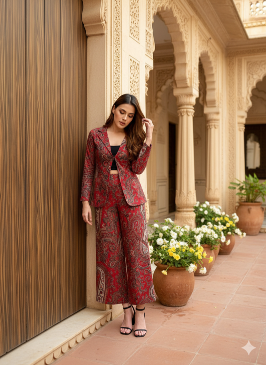 Red Paisley Print Coord Set Jacket Style