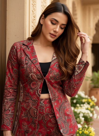 Red Paisley Print Coord Set Jacket Style