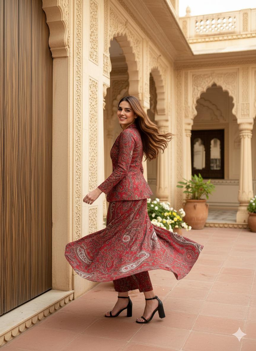 Red Paisley Print Coord Set Jacket Style