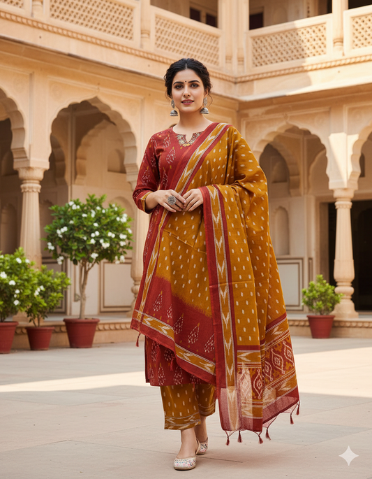 Elegant Ikat Print Kurti Set With Dupatta