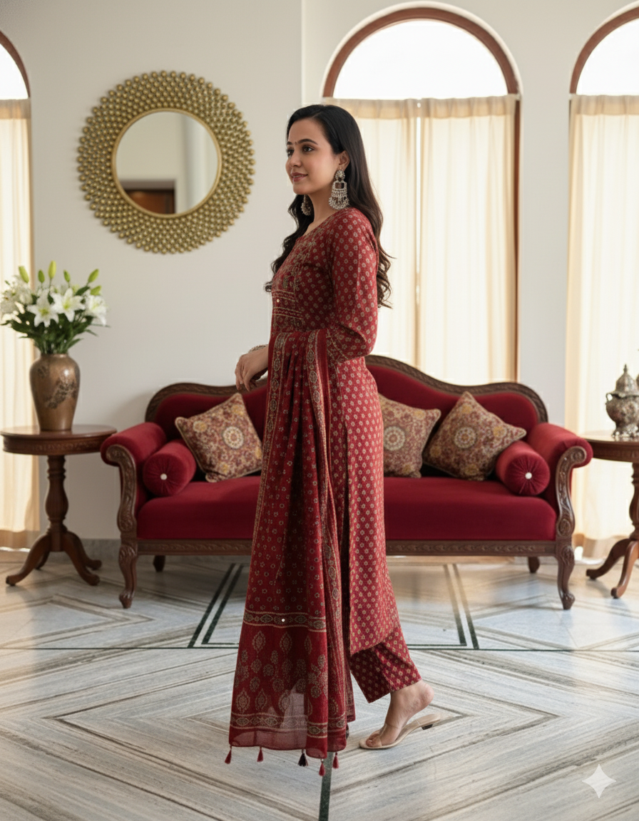 Red Buti Work Kurta And Pant With Dupatta For Women