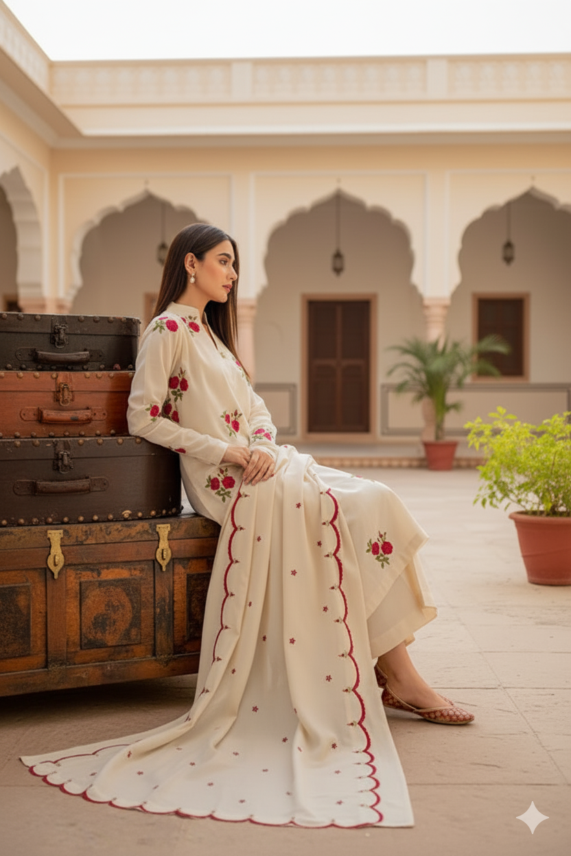 Cream Kurta And Pant With Dupatta For Women