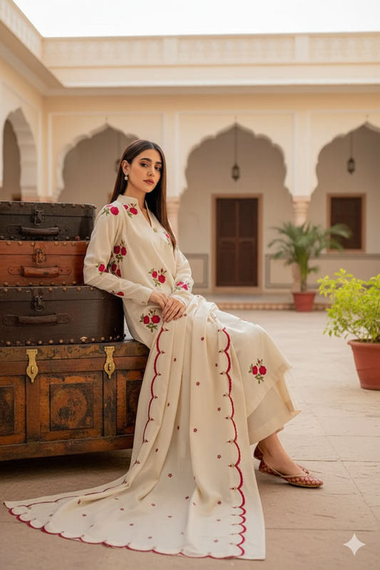Cream Kurta And Pant With Dupatta For Women