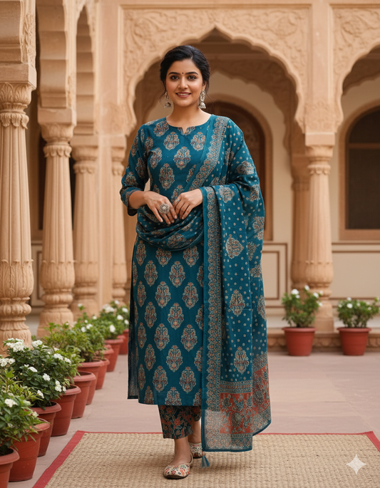 Dolly Blue Printed Pure Cotton Embrodiared Dupatta Set