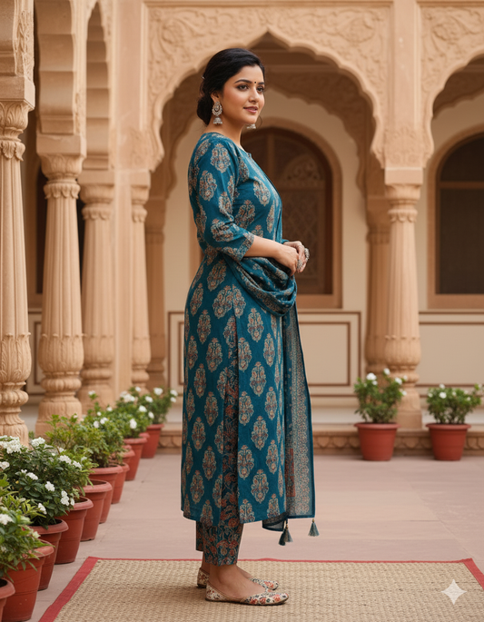 Dolly Blue Printed Pure Cotton Embrodiared Dupatta Set