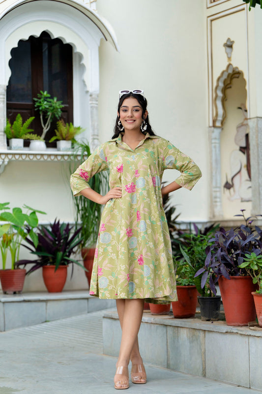 Pure Cotton Pista Green Kumodini Dress For Women