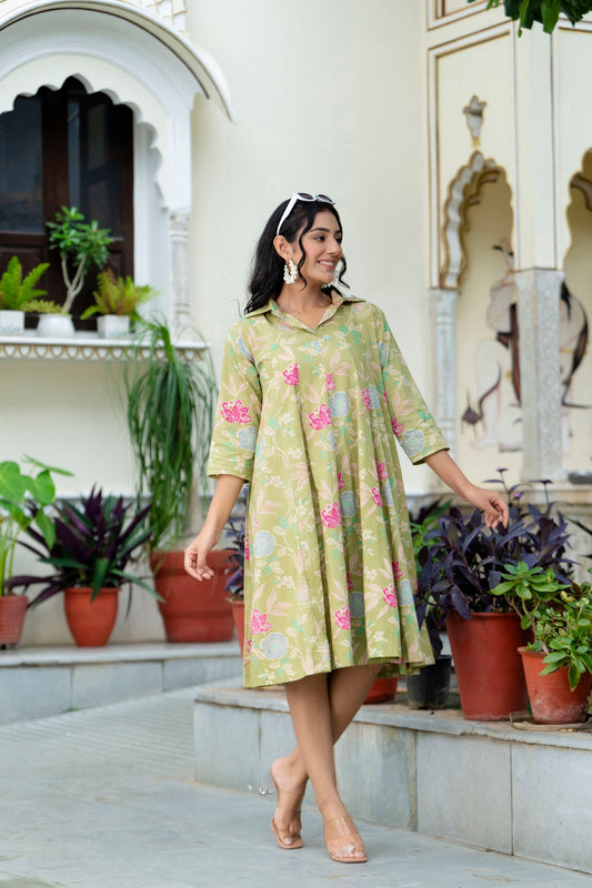 Pure Cotton Pista Green Kumodini Dress For Women