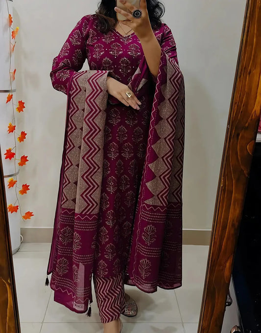 Dark Pink Geometric Printed Kurta Set with Dupatta