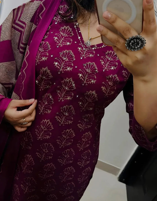 Dark Pink Geometric Printed Kurta Set with Dupatta