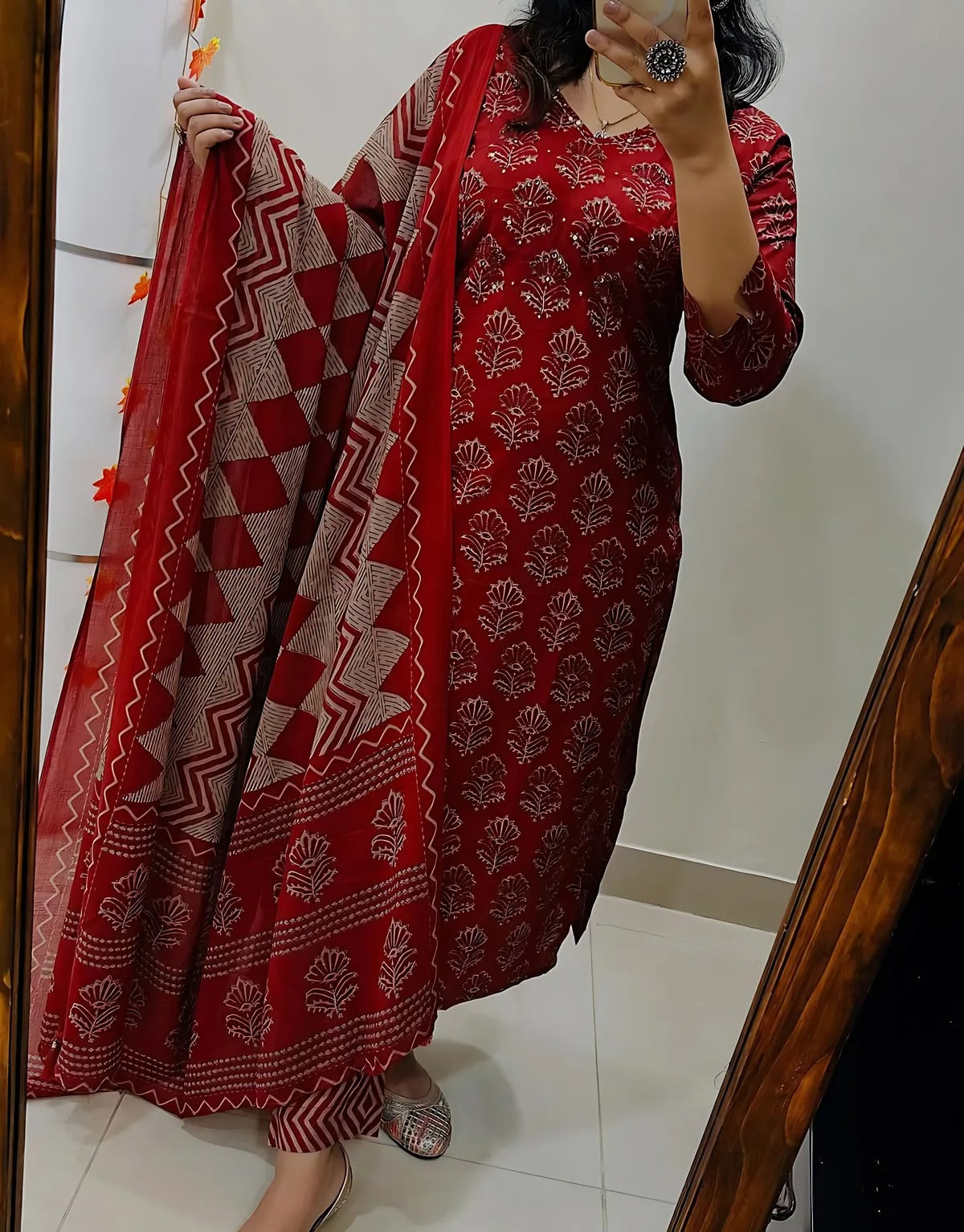 Red Pink Geometric Printed Kurta Set with Dupatta