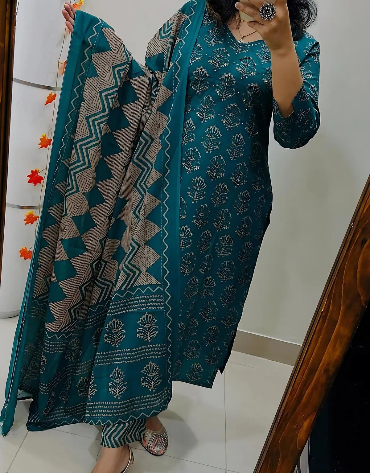 Blue Geometric Printed Kurta Set with Dupatta