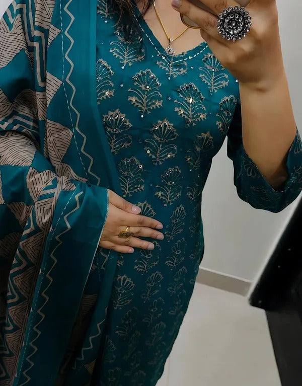 Blue Geometric Printed Kurta Set with Dupatta