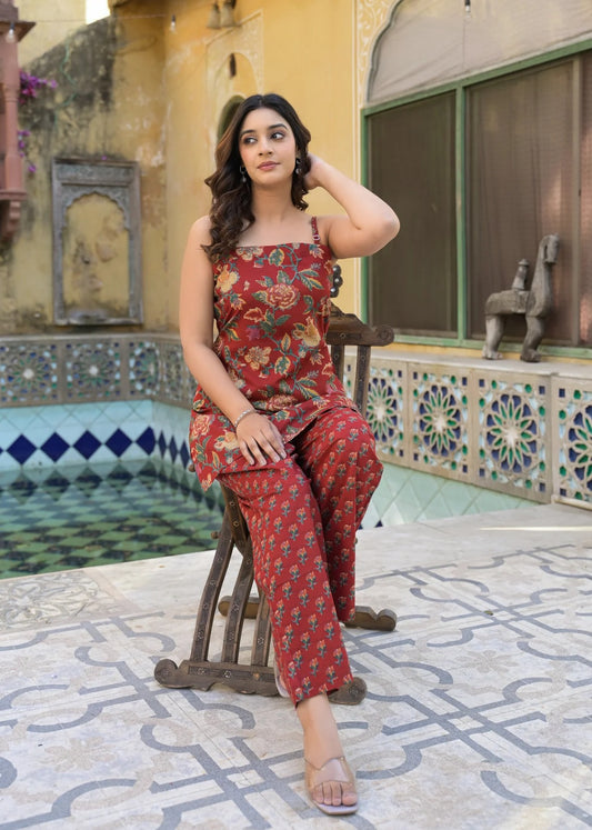 Ruhani Red Printed Cotton Co-Ord Set