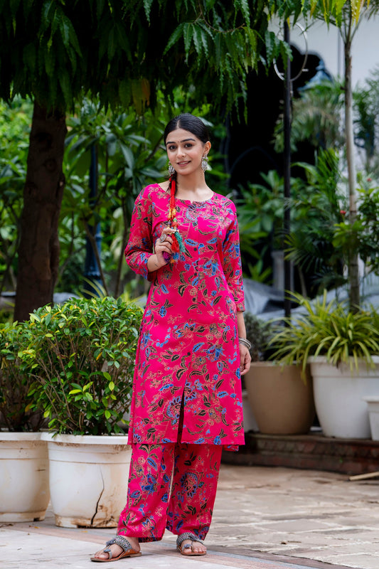 Pink Printed Kurta And Pant For Women