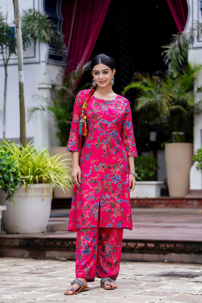 Pink Printed Kurta And Pant For Women