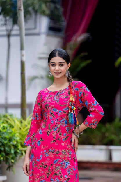 Pink Printed Kurta And Pant For Women