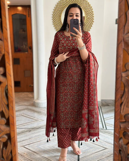 Red Buti Work Kurta And Pant With Dupatta For Women