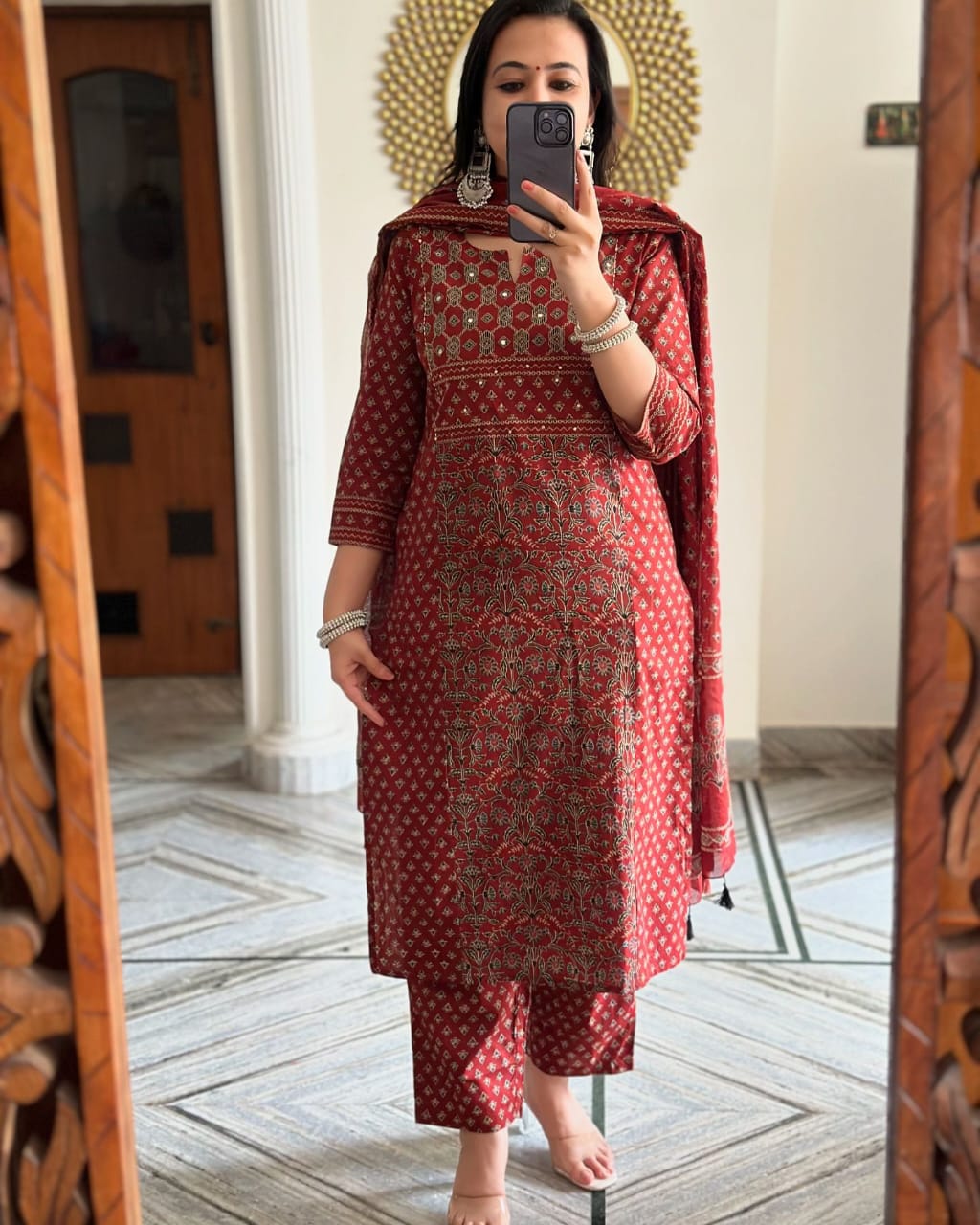 Red Buti Work Kurta And Pant With Dupatta For Women