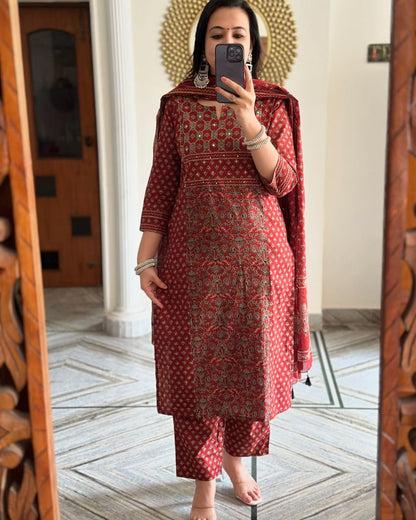 Red Buti Work Kurta And Pant With Dupatta For Women