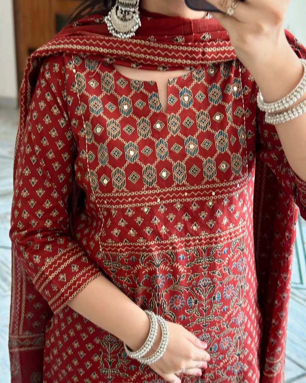 Red Buti Work Kurta And Pant With Dupatta For Women